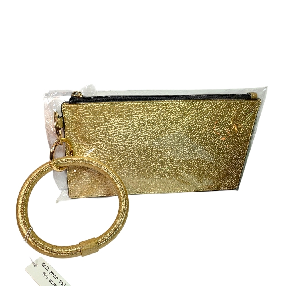 NWT Gold Metallic Wristlet Pouch Faux Leather Clutch Zip Top Minimalist Glam